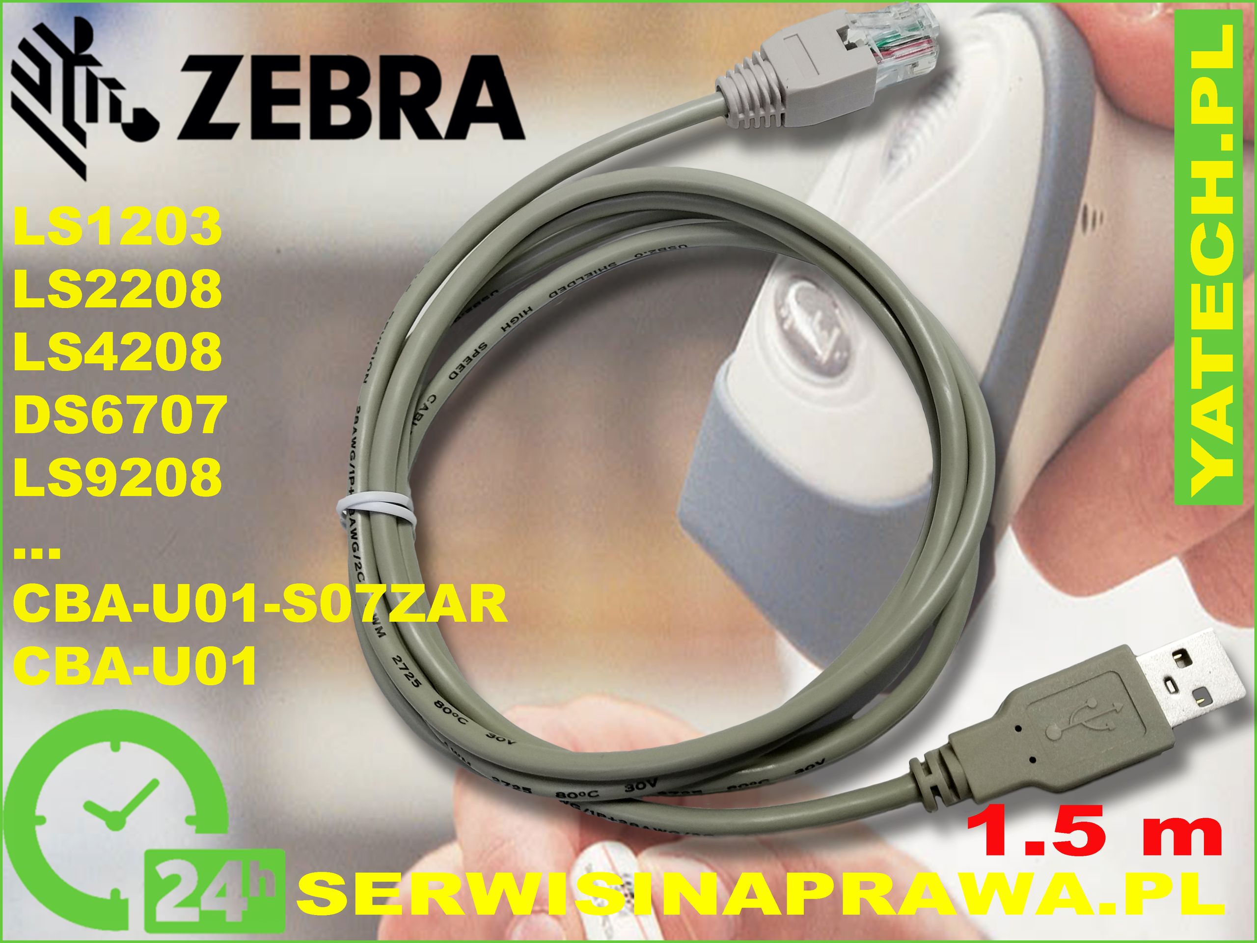 CBA-U01-S07ZAR, zebra, symbol, ls2208, CBA-U01, szary, 1.5m